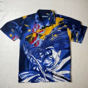 Point Zero Graphic Print Button Up Shirt Samurai Anime Style Blue Yellow L G
